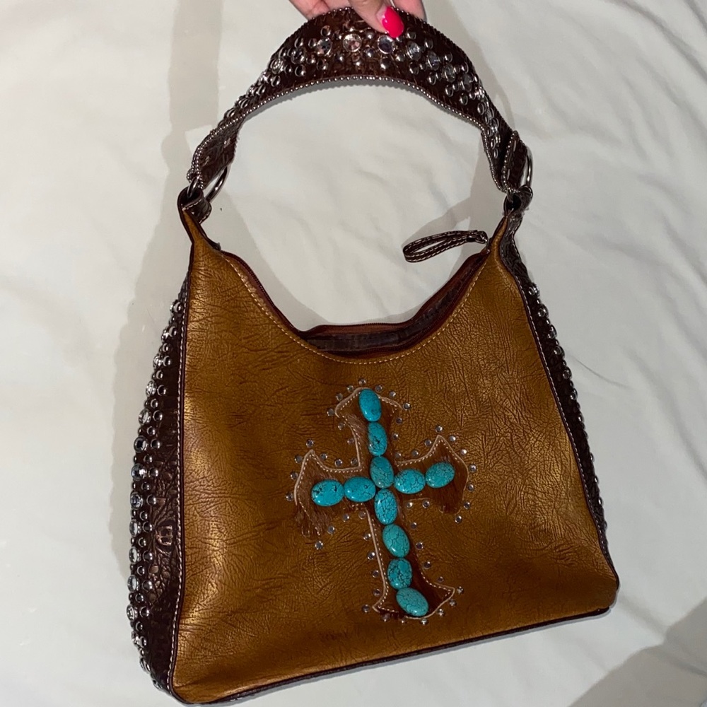 Western Handbag Brown With Turquoise Cross NEW!🚨